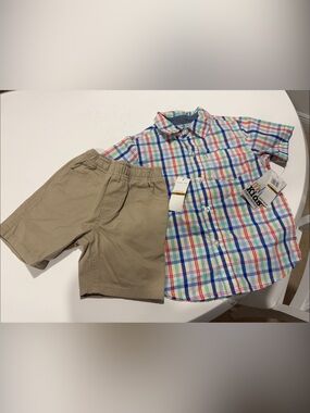 Kids Khaki Pull-On Shorts with Plaid Button-Up Shirt - kids headquarters. 3T.
